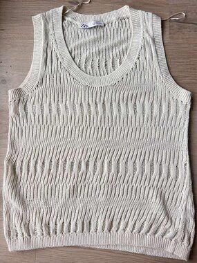 ZARA Off-White Open Knit Sleeveless Sweater | Sheer Lightweight | Size L